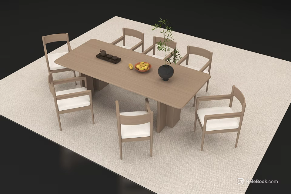 Modern Dining Table Set With Six White Cushioned Chairs Black Vase Green Plant And Fruit 3d model 