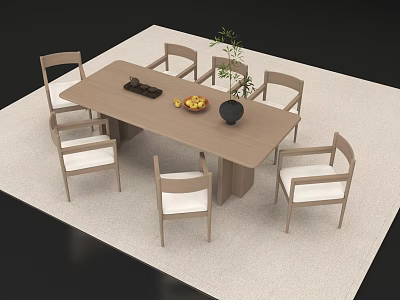 Modern Dining Table Set With Six White Cushioned Chairs Black Vase Green Plant And Fruit 3d model