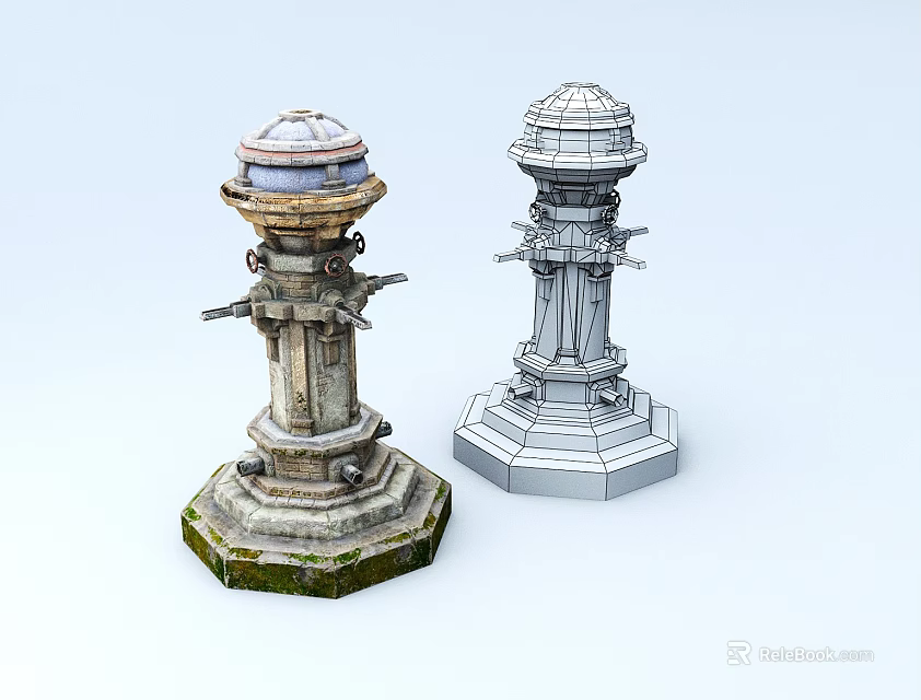 Two Old Moss Covered Fire Hydrants With Wireframe 3D Model 3d model