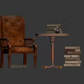 Vintage Brown Leather Armchair And Small Round Table With Quill Pen And Stacked Books