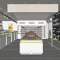 Dessert Shop Interior Featuring Glass Display Cases Fresh Bread Yellow Counter Cashier And Seating Area