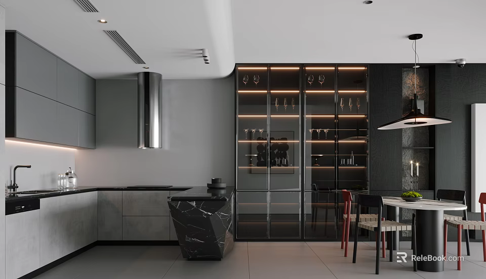 Modern Restaurant Kitchen Interior With Gray Cabinets Marble Island And Glass Wine Cabinet 3d model 