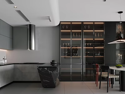 Modern Restaurant Kitchen Interior With Gray Cabinets Marble Island And Glass Wine Cabinet 3d model