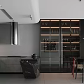 Modern Restaurant Kitchen Interior With Gray Cabinets Marble Island And Glass Wine Cabinet