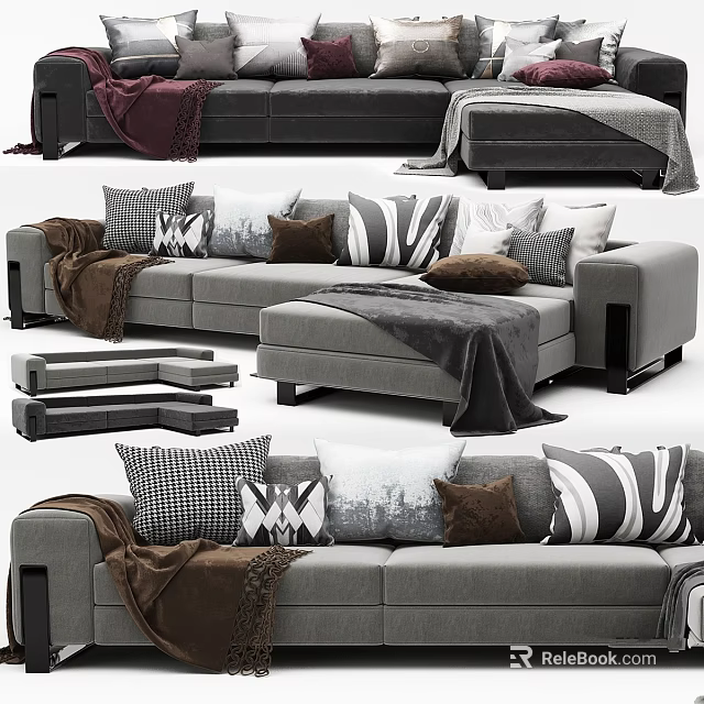 Gray Sofa With Patterned Pillows And Cozy Blankets In Modern Interior 3d model