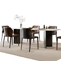 Modern Dining Table Set With Brown Leather Chairs Vase Flowers And Beige Rug