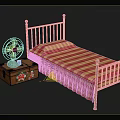 Vintage Iron Bed Frame With Red And White Checkered Bedspread Wooden Trunk And Fan