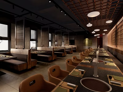 Rustic Modern Restaurant Interior With Wooden Seating And Pendant Lights 3d model