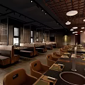 Rustic Modern Restaurant Interior With Wooden Seating And Pendant Lights 3d model