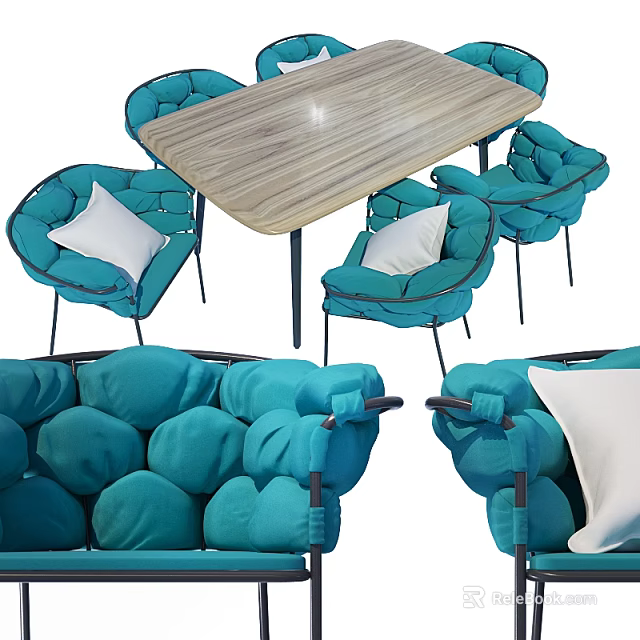 Modern Turquoise Dining Table Set With Padded Chairs Wooden Tabletop And Metal Legs 3d model 