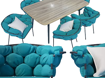 Modern Turquoise Dining Table Set With Padded Chairs Wooden Tabletop And Metal Legs 3d model