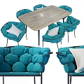 Modern Turquoise Dining Table Set With Padded Chairs Wooden Tabletop And Metal Legs