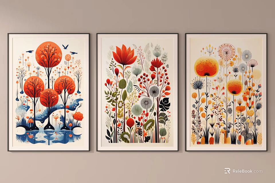 Three Artistic Nature Themed Wall Paintings With Trees Flowers And Birds 3d model 