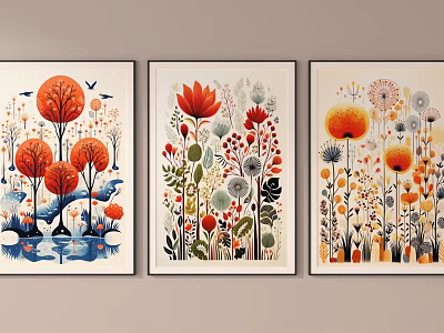 Three Artistic Nature Themed Wall Paintings With Trees Flowers And Birds 3d model