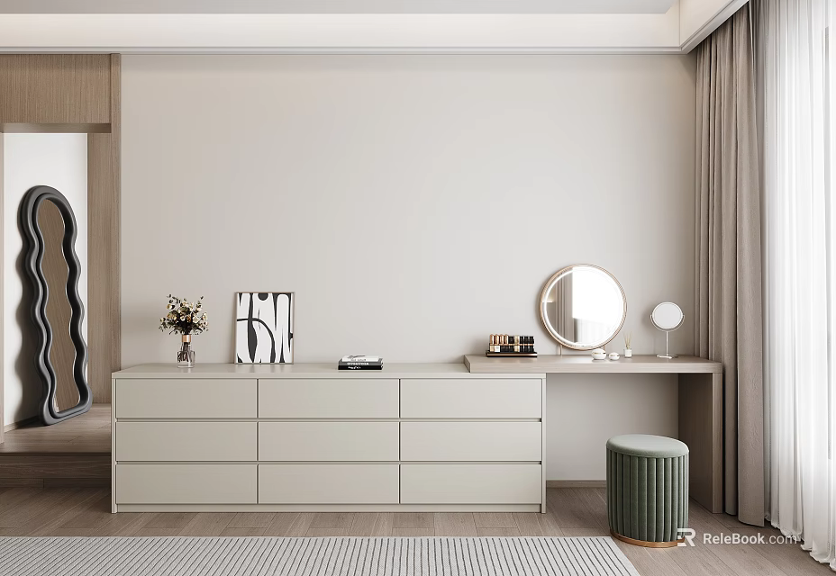 Elegant Modern Vanity Table With Round Mirror And Storage Drawers 3d model