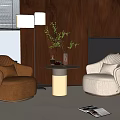 Brown and Beige Leisure Chairs with Small Table Wooden Wall Floor Lamp and Window