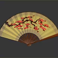 Traditional Chinese Folding Fan with Red Plum Blossom Pattern Yellow Surface and Red Ribs
