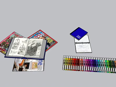 Open Magazines With Colorful Pages Stacked Books And Colored Pencils 3d model