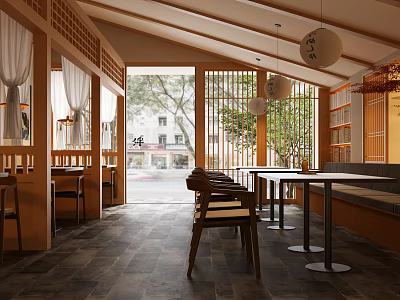 Japanese Restaurant Interior Design With Wooden Structure Windows Hanging Lanterns And Tables Chairs 3d model