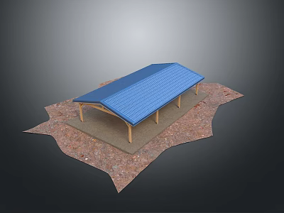 Outdoor Blue Roof Shelter Supported By Wooden Columns On Brown Earth Surface 3d model