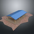 Outdoor Blue Roof Shelter Supported By Wooden Columns On Brown Earth Surface