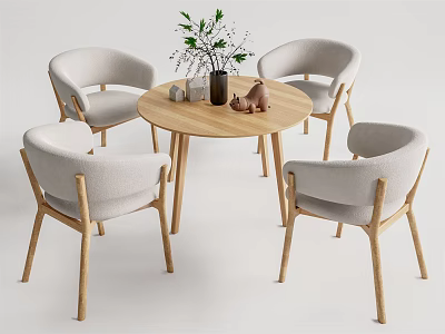 Modern Round Wooden Dining Table Set with Four Light Gray Upholstered Chairs Vase Plants Decor 3d model