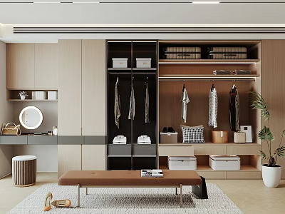 Modern Walk-in Closet with Wooden Cabinets Hanging Clothes Mirror and Storage Boxes 3d model