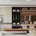 Modern Walk-in Closet with Wooden Cabinets Hanging Clothes Mirror and Storage Boxes
