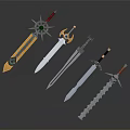 Stylish Decorative Swords Featuring Green Gem Chain Golden Details And Unique Designs