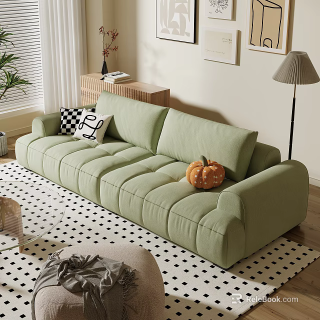 Light Green Three-Seater Sofa With Checkered Cushion And Pumpkin On Polka Dot Rug 3d model 