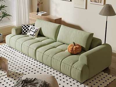 Light Green Three-Seater Sofa With Checkered Cushion And Pumpkin On Polka Dot Rug 3d model
