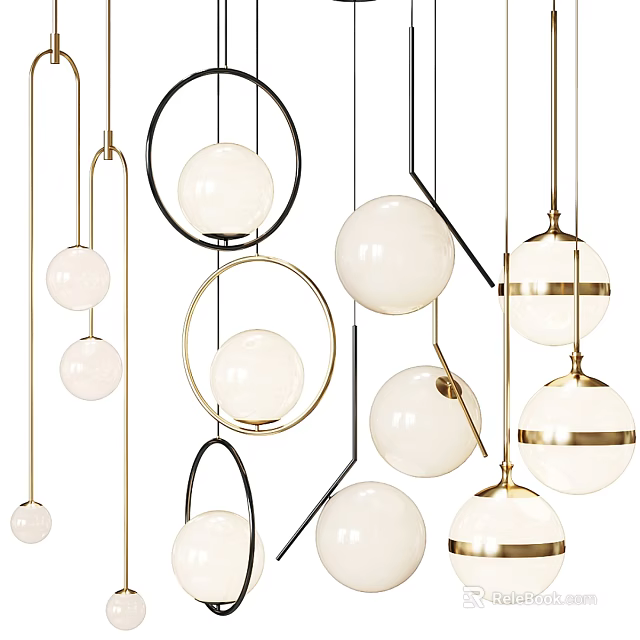 Various Modern Chandelier Designs with Spherical Globes Circular Frames and Gold Black Finishes 3d model 