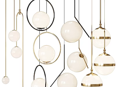 Various Modern Chandelier Designs with Spherical Globes Circular Frames and Gold Black Finishes 3d model