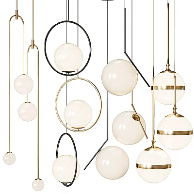 Various Modern Chandelier Designs with Spherical Globes Circular Frames and Gold Black Finishes 3d model