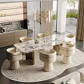 Modern Elegant Dining Table Set With Marble Top Beige Chairs Wooden Legs And Textured Rug