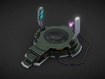 Futuristic Tech Platform Featuring Circular Structure Green Purple Glowing Elements Stands Steps And Cable 3d model