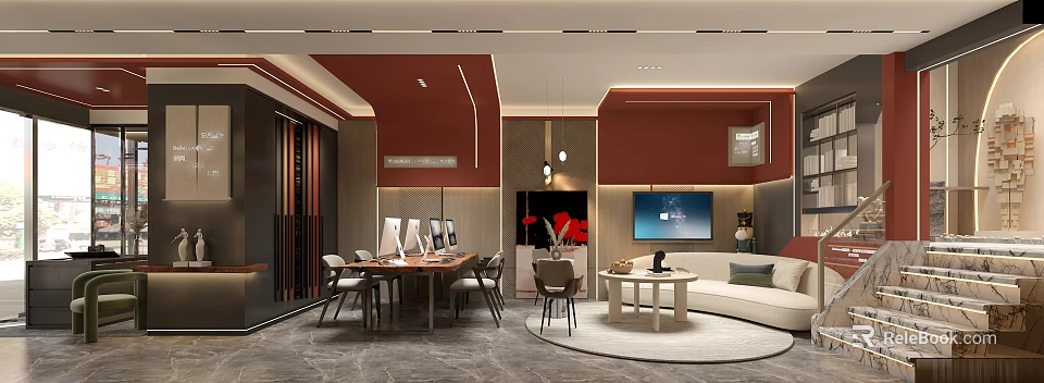 Modern Red Wall Store Interior With Tables Chairs TV Screen And Sofa 3d model