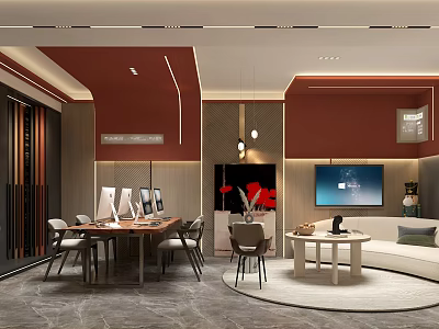 Modern Red Wall Store Interior With Tables Chairs TV Screen And Sofa 3d model