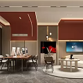 Modern Red Wall Store Interior With Tables Chairs TV Screen And Sofa 3d model