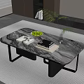 Modern Marble Coffee Table on Striped Rug with Green Apples Books Glass Vase and Plant
