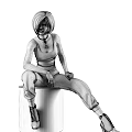 Young Woman In White Tank Top And Camo Pants With Necklace Sitting On Metallic Seat