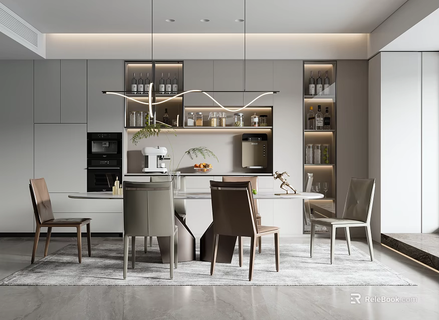 Modern Restaurant Interior Design With Dining Table Chairs Pendant Lights And Cabinets 3d model