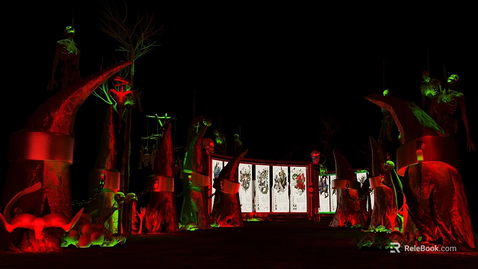 Cartoon Style Enchanting Forest Night View With Red Green Tree Trunks And Decorative Screen Structures 3d model 