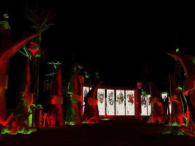 Cartoon Style Enchanting Forest Night View With Red Green Tree Trunks And Decorative Screen Structures 3d model