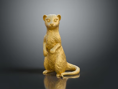 Golden Weasel Like Animal Statue In Standing Posture On Dark Reflective Surface 3d model