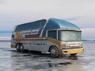 Old Bunny Car Bus Featuring Bunny Planet in Blue Yellow White on Icy Ground 3d model