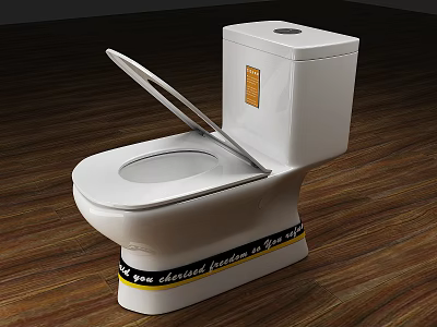 White Modern Toilet With Open Lid And Decorative Base Band On Wooden Floor 3d model