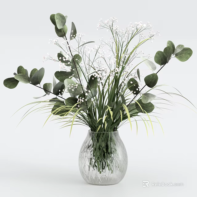Transparent Glass Vase With Green Eucalyptus Leaves White Small Flowers And Slender Grass Decor 3d model 