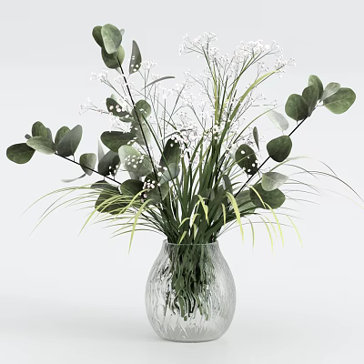 Transparent Glass Vase With Green Eucalyptus Leaves White Small Flowers And Slender Grass Decor 3d model