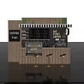 Coffee Shop Featuring Coffee Time Sign Menu Board Dessert Display Espresso Machine Gold Bar Stools